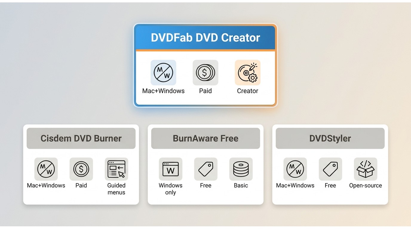 Comparison of Cisdem, DVDFab DVD Creator, BurnAware Free, and DVDStyler by platform, price, and DVD 