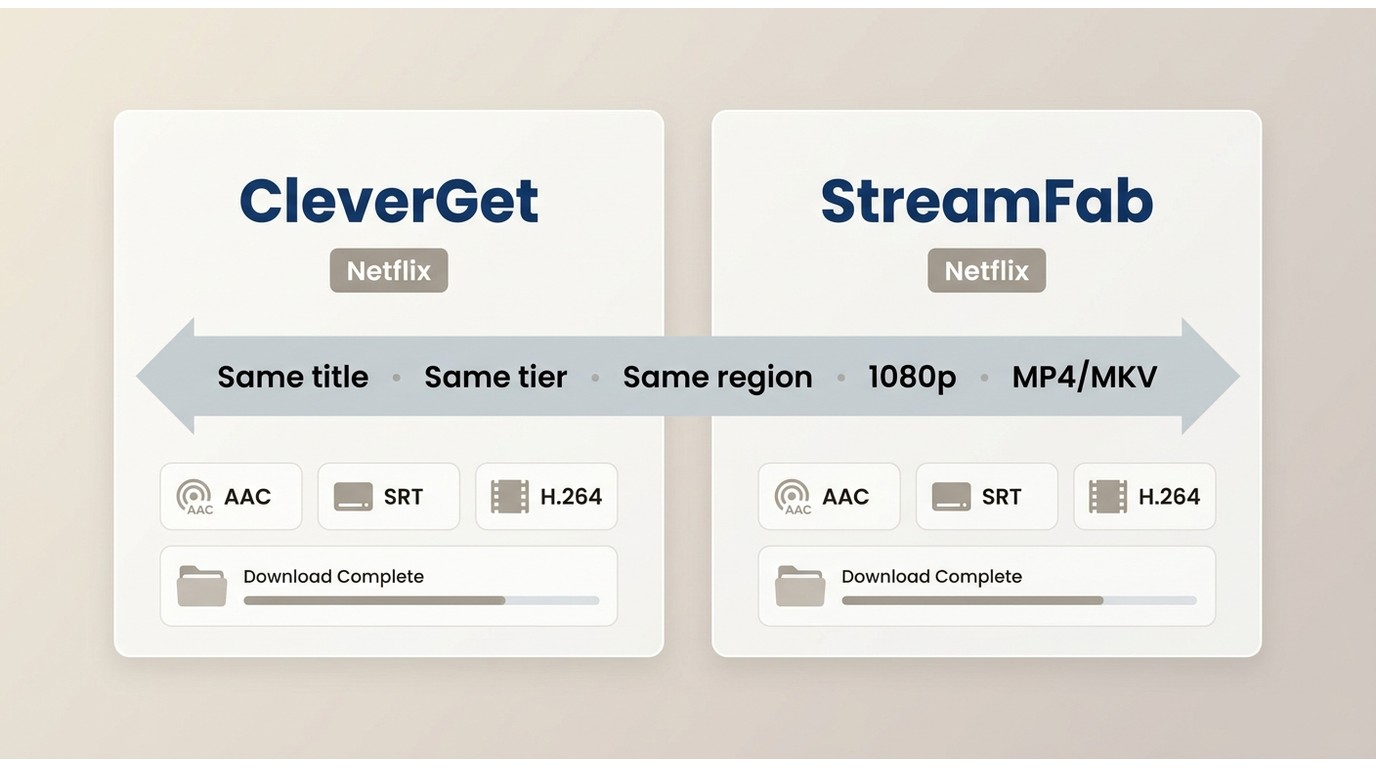 CleverGet and StreamFab test checklist using the same title, service, and output settings