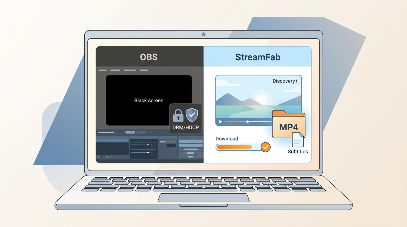Comparison of OBS recording black-screen failure versus StreamFab saving Discovery+ to MP4