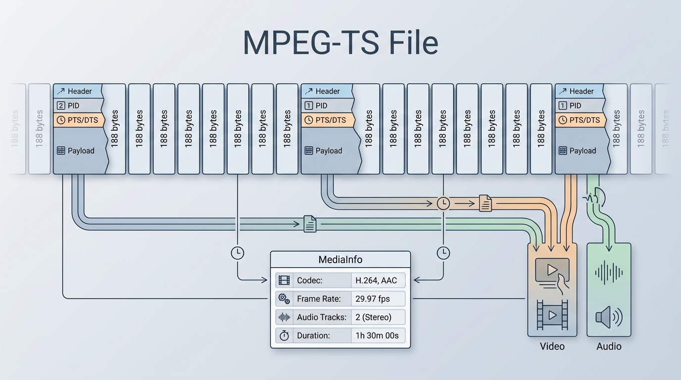 Inside a TS file: 188-byte packets, video, audio, timestamps, and MediaInfo metadata