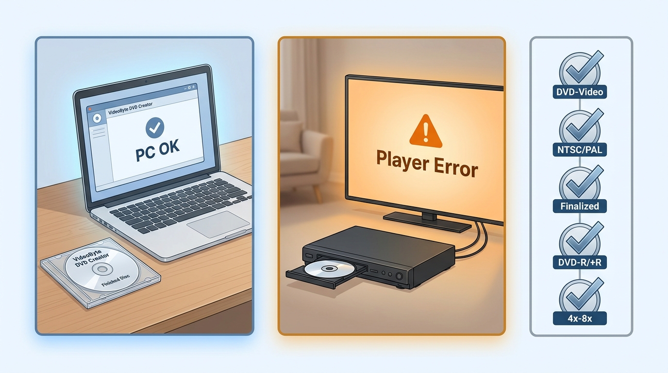 Why a VideoByte-burned disc works on PC but fails on a DVD player.