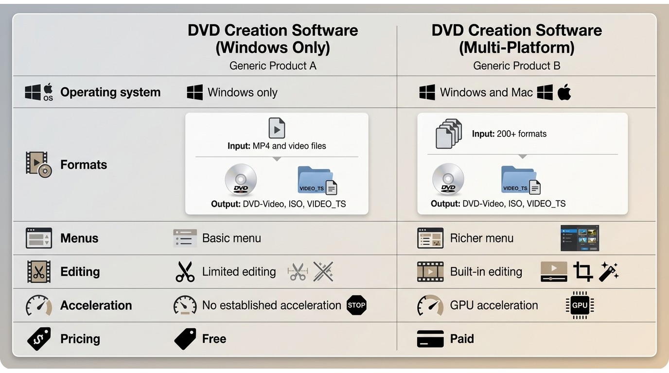 WinX DVD Author versus DVDFab DVD Creator across OS support, formats, editing, output, and pricing
