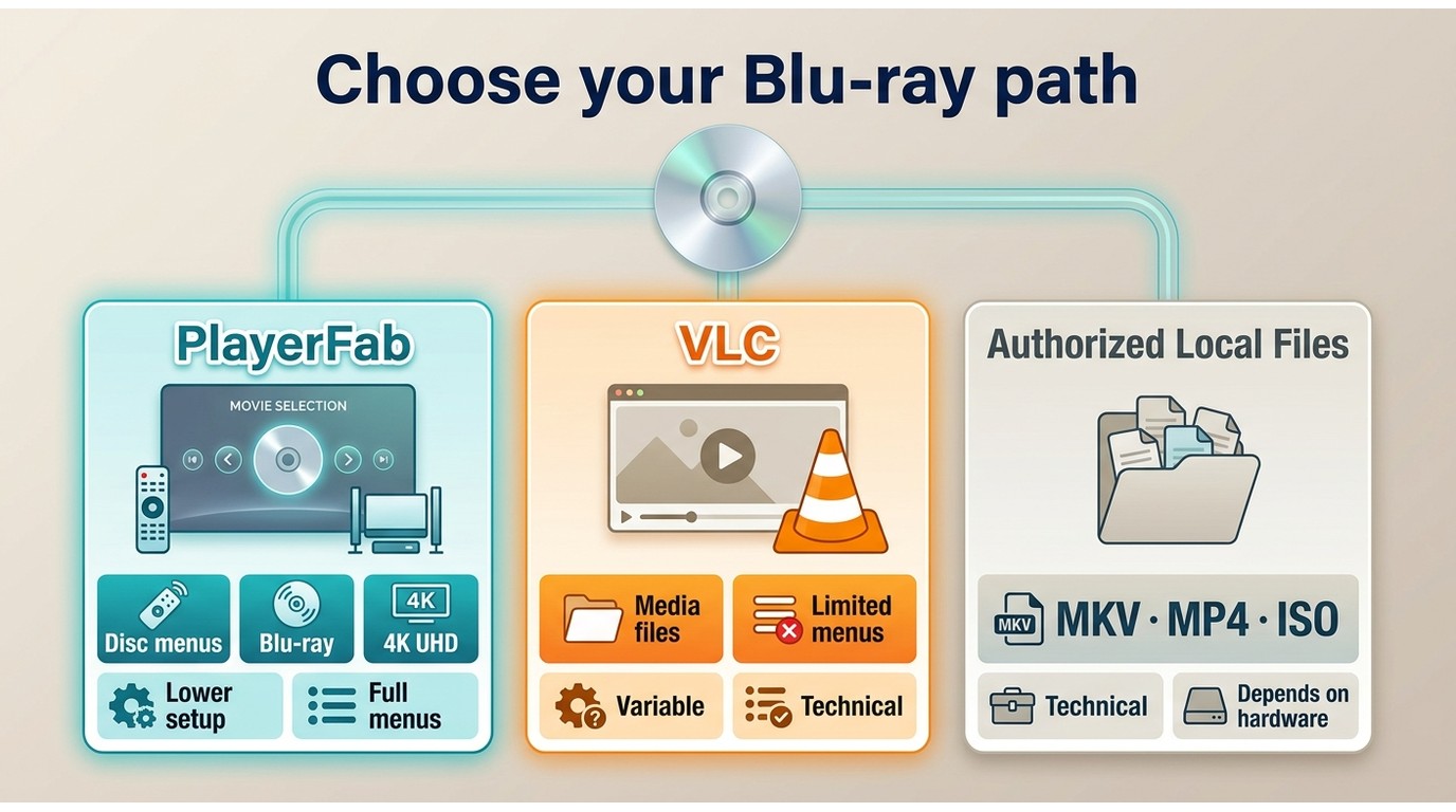 Comparison of PlayerFab, VLC, and authorized local files for Blu-ray playback.