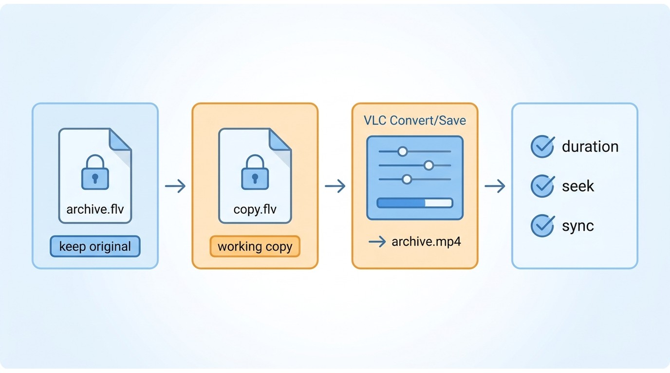 Workflow from original FLV copy to MP4 conversion and final playback checks