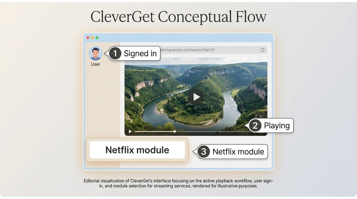 CleverGet playback page with video playing, login active, and the correct service module selected