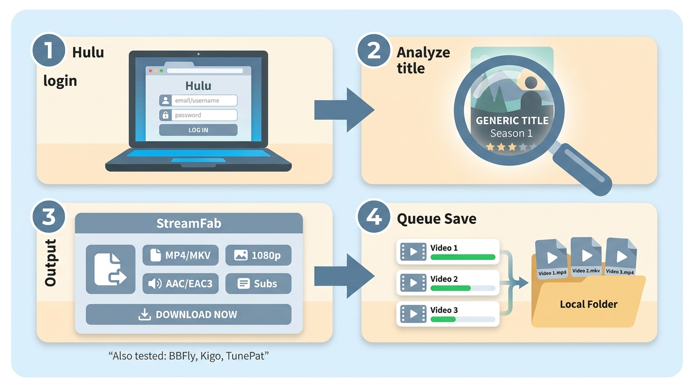 How a Hulu downloader workflow goes from sign-in to title analysis and saved video files