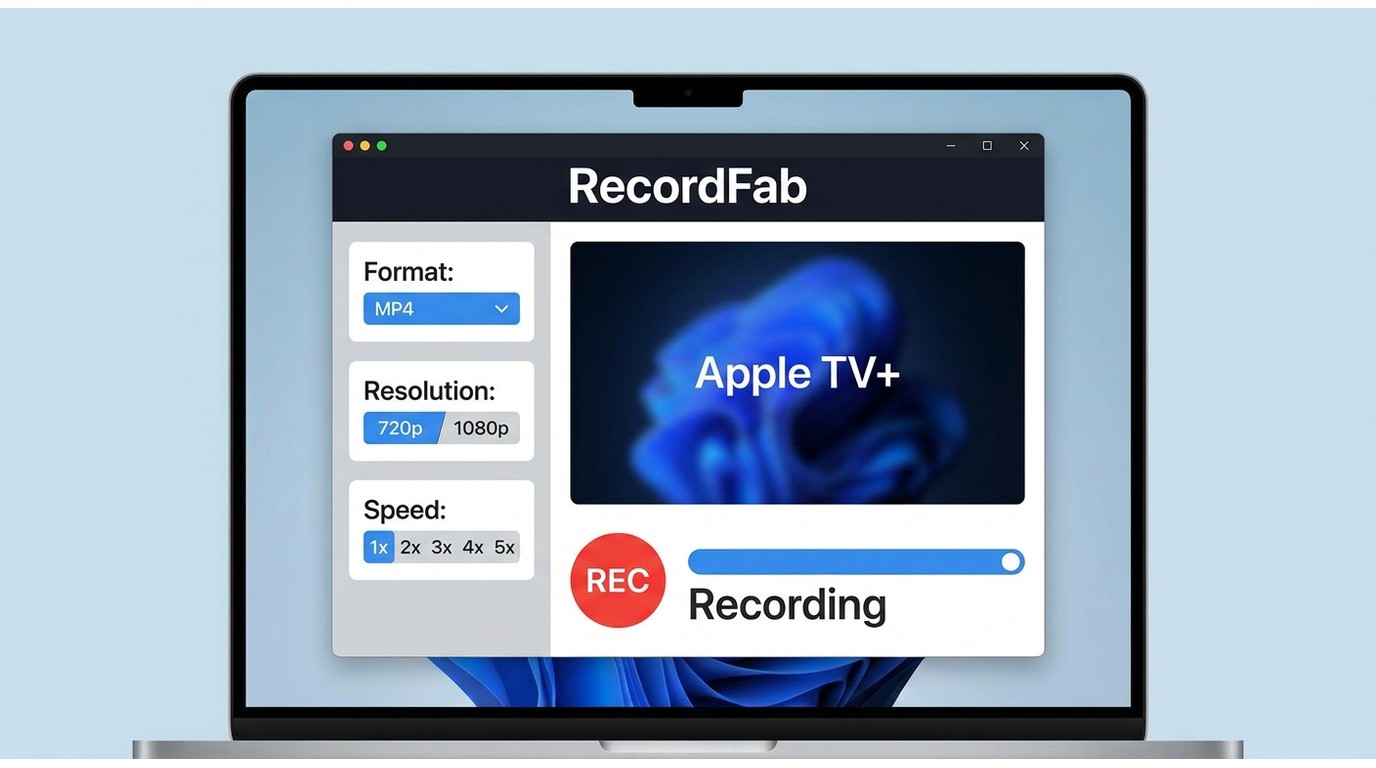 RecordFab on Windows capturing Apple TV with MP4, 720p or 1080p, and recording speed options