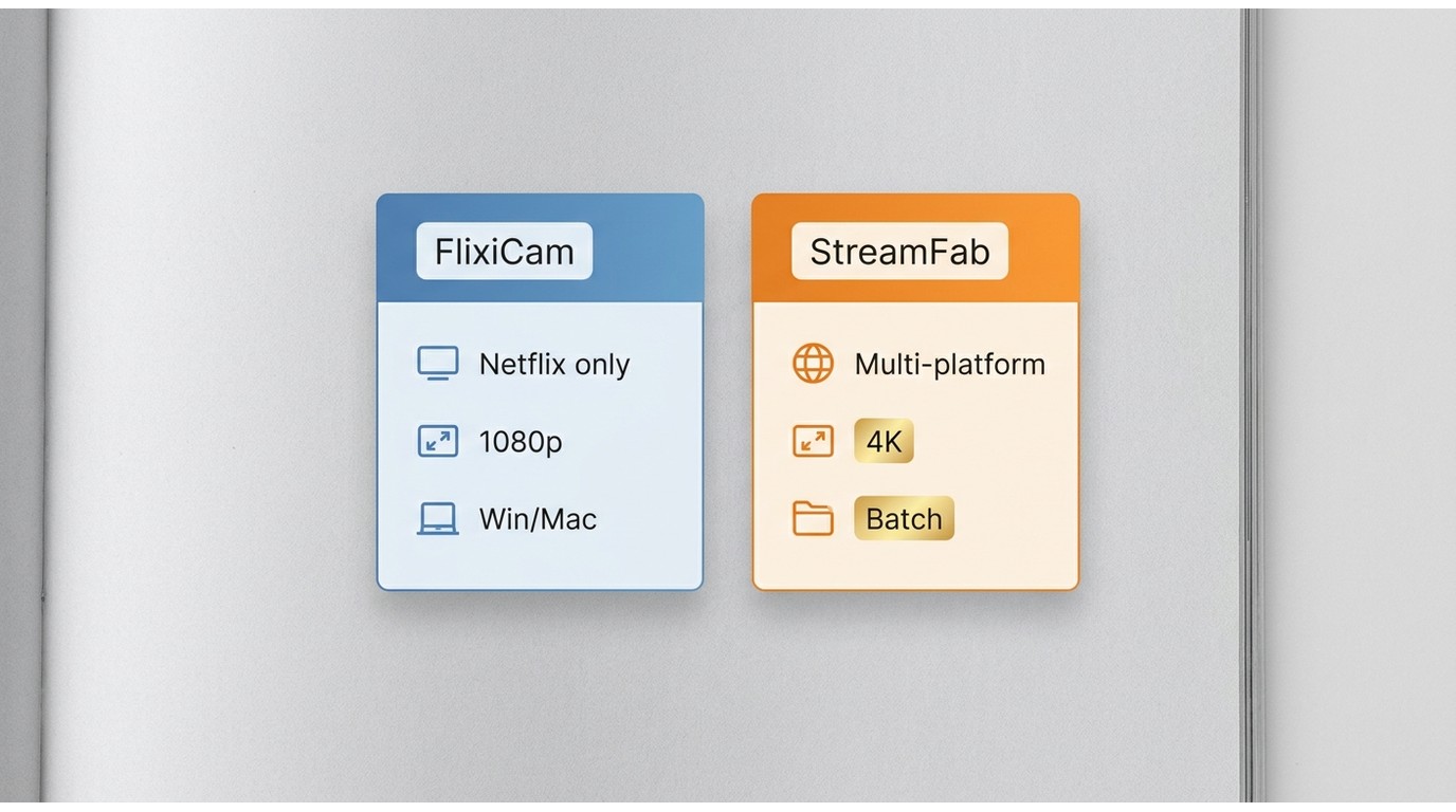 Comparison of FlixiCam and StreamFab on Netflix-only use, 1080p vs 4K, and multi-platform features