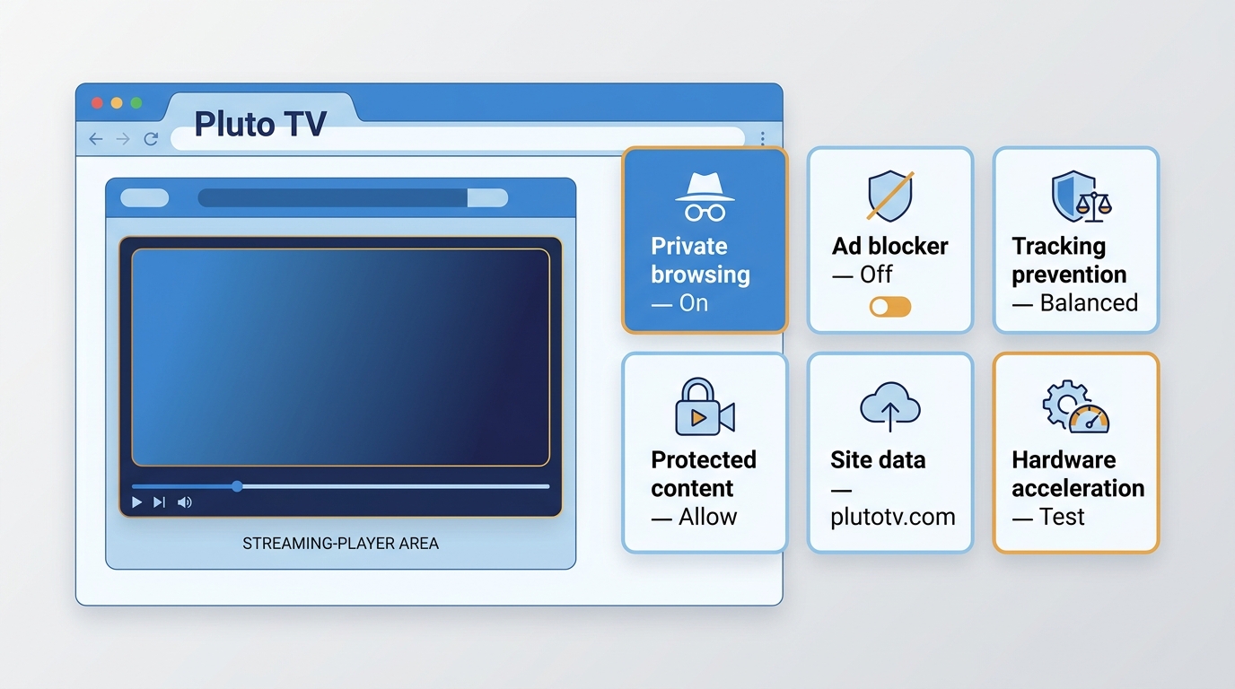Browser settings areas to check for Pluto TV playback issues, from privacy controls to site data.
