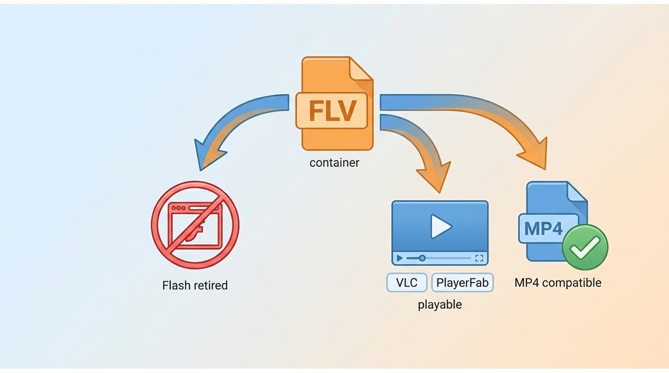 Comparison of FLV, retired Adobe Flash Player, desktop playback, and MP4 compatibility