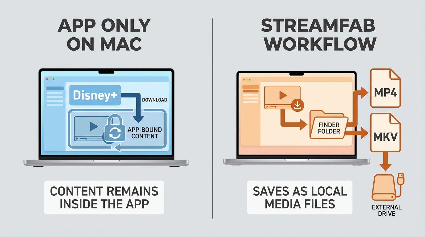 Comparison of Disney+ app downloads versus StreamFab saving MP4 or MKV files on Mac