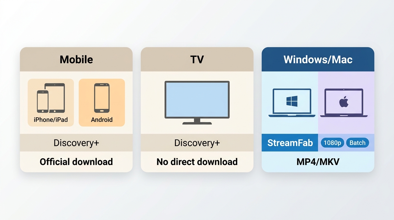 Comparison of Discovery+ download options on iPhone, Android, smart TV, Windows, and Mac