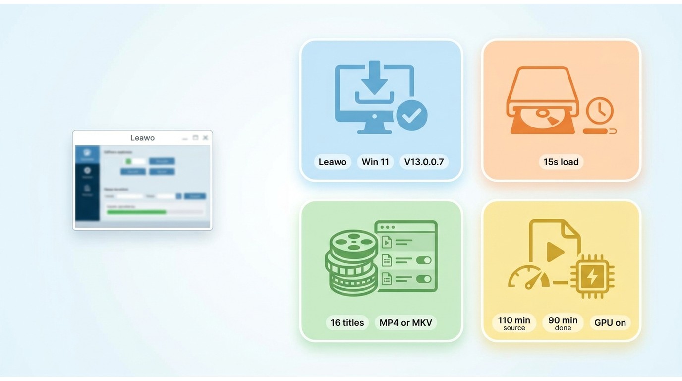 Leawo Blu-ray Ripper test summary with install, disc load, title detection, and completion time.