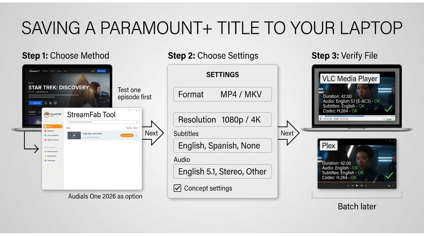 How to save one Paramount+ title to a laptop and verify playback before batch downloading