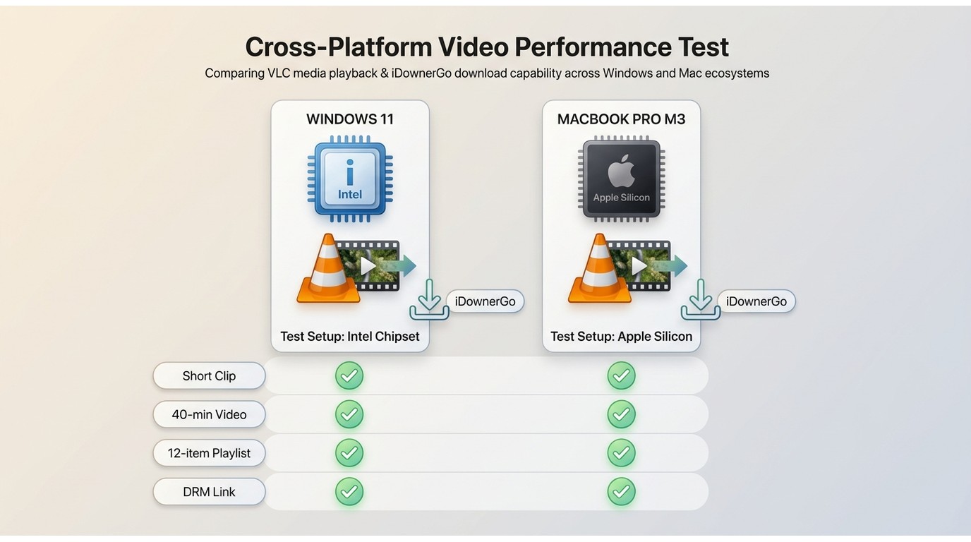 iDownerGo test setup: Windows 11 vs MacBook Pro M3, four URL types tested, VLC pass/fail results