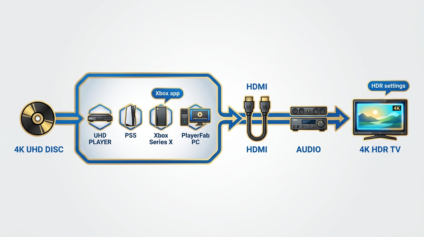How a 4K UHD disc travels through player, HDMI, audio gear, and TV before playback works