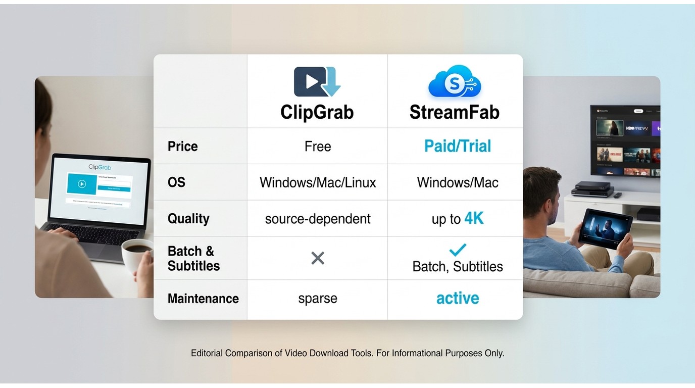 ClipGrab vs StreamFab comparison: price, OS support, 4K quality, batch downloads, and maintenance st