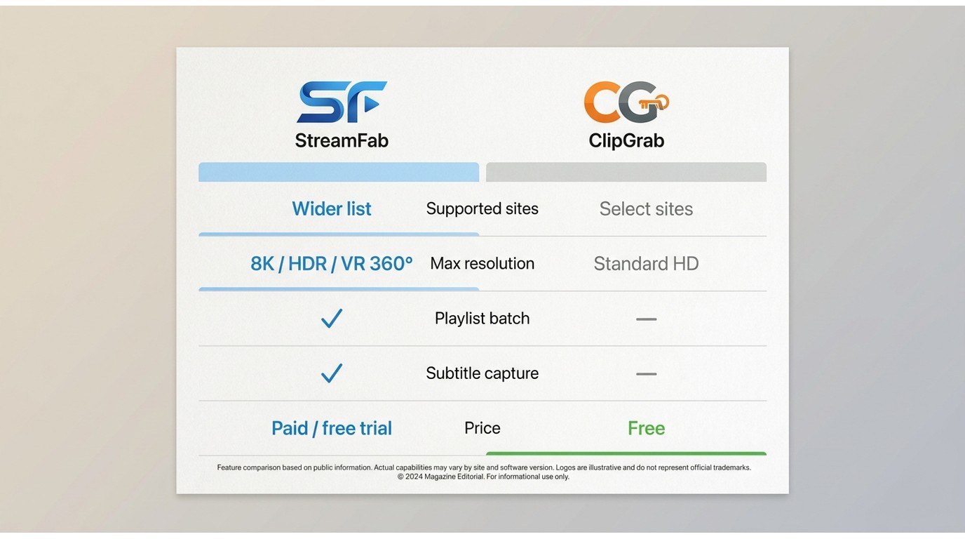 StreamFab vs ClipGrab comparison: resolution up to 8K, playlist and subtitle support, site coverage,