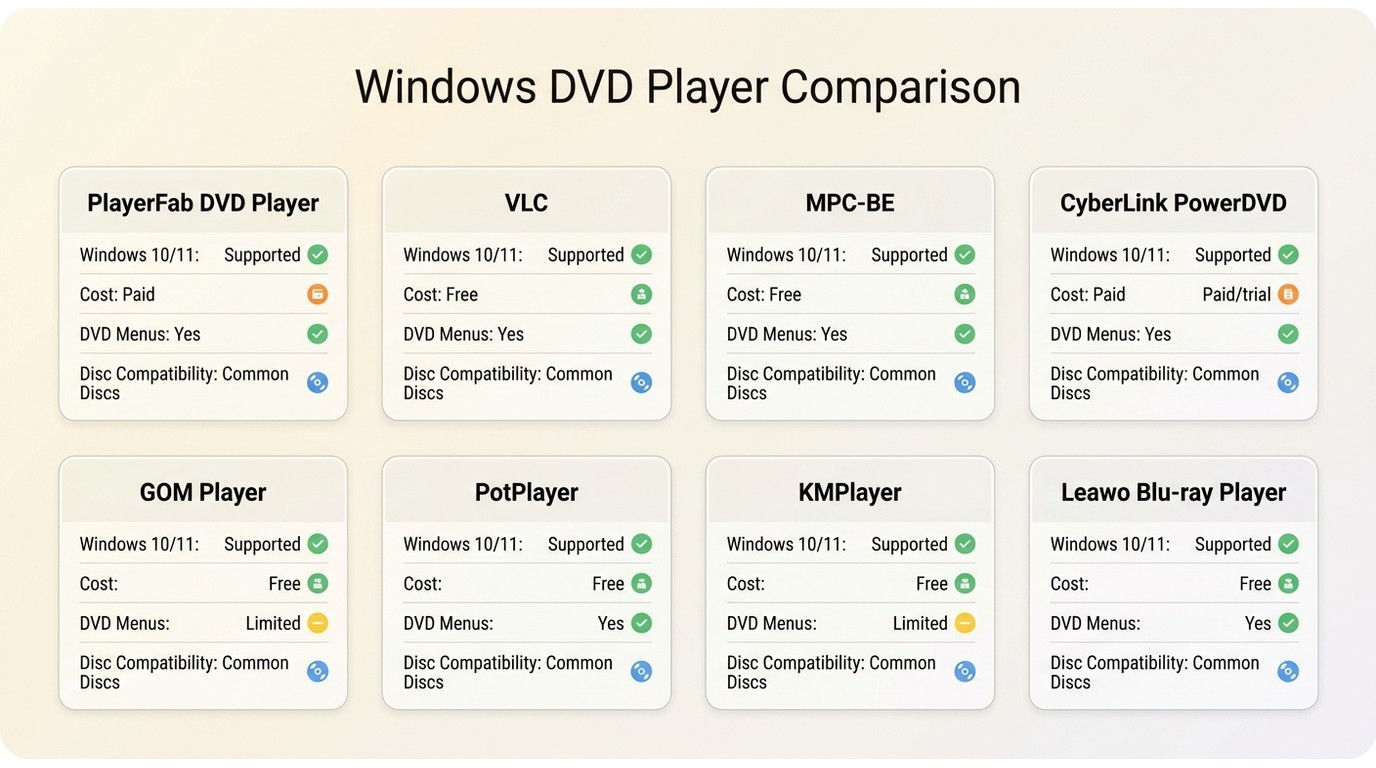 Eight Windows DVD players compared by cost, Windows support, menus, and disc compatibility