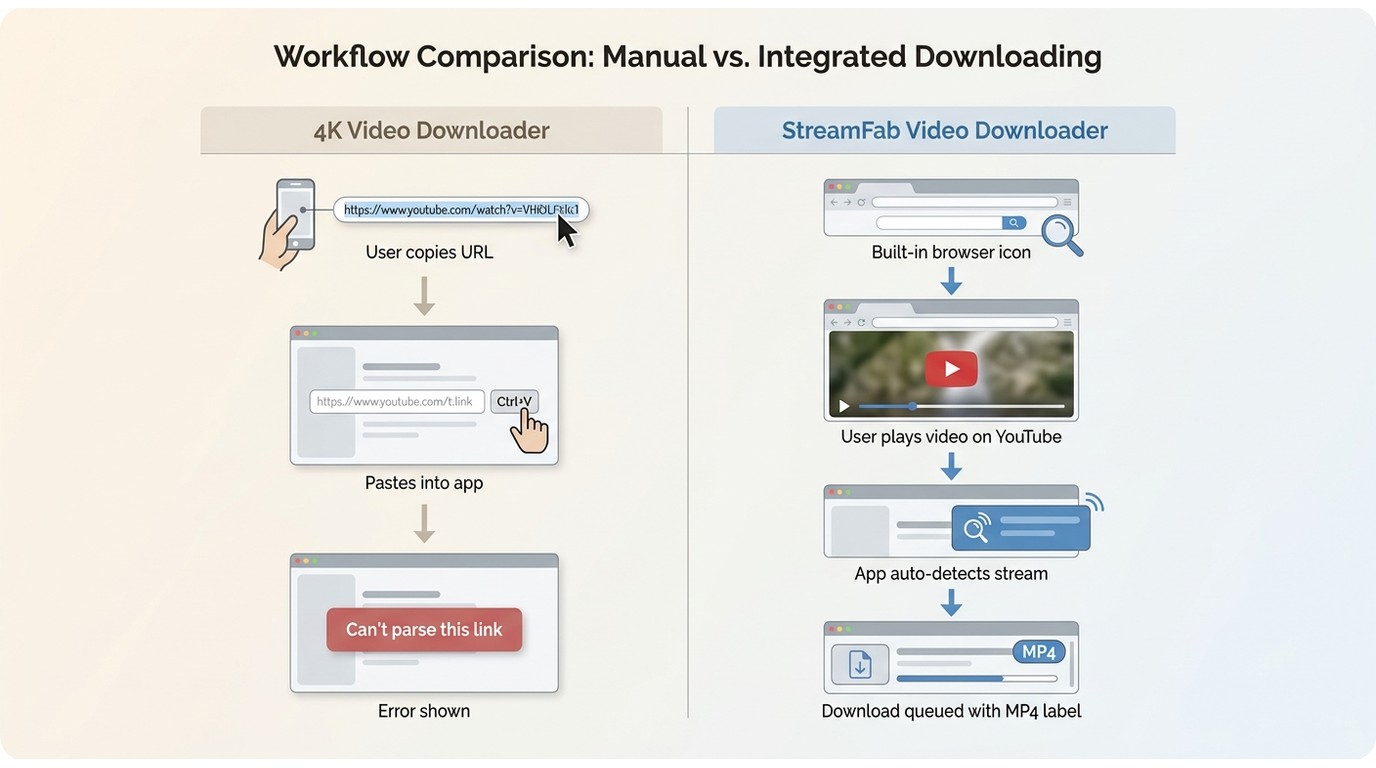 Comparison of 4K Video Downloader URL-paste workflow vs StreamFab built-in browser auto-detection fo