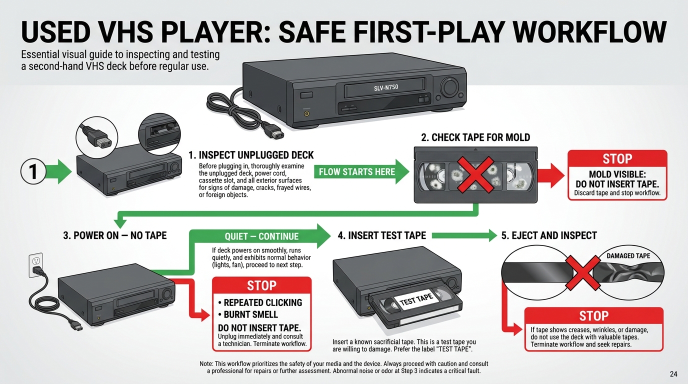 Safe first-play check for a Sony SLV-N750 using a sacrificial VHS tape