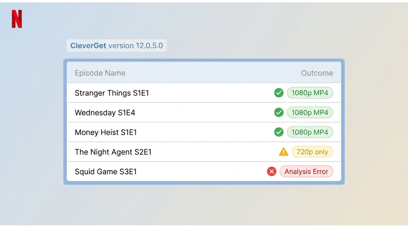CleverGet Netflix download results: 3 titles at 1080p success, 1 at 720p only, 1 analysis error