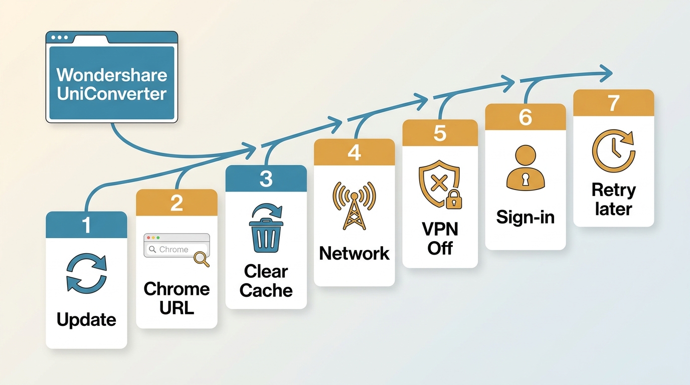 Seven checks for fixing Wondershare UniConverter and YouTube download failures.