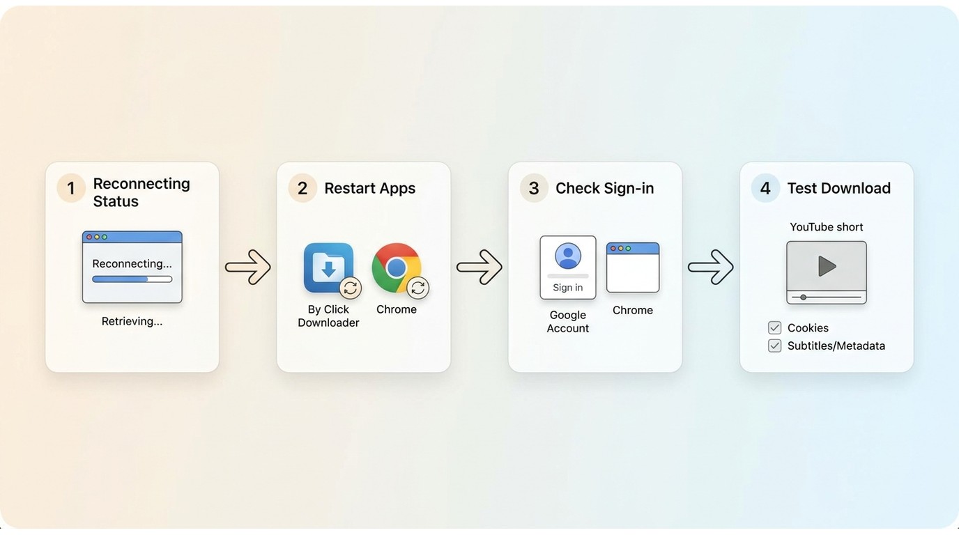 By Click Downloader troubleshooting sequence for reconnecting, sign-in, cookies, subtitles, and YouT