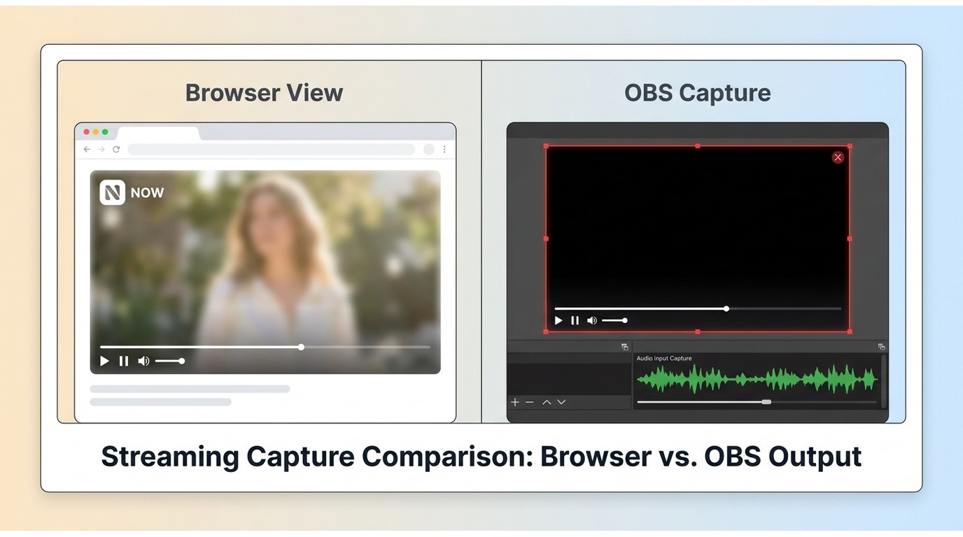 OBS recording of NOW TV showing black video layer while audio and player controls remain visible