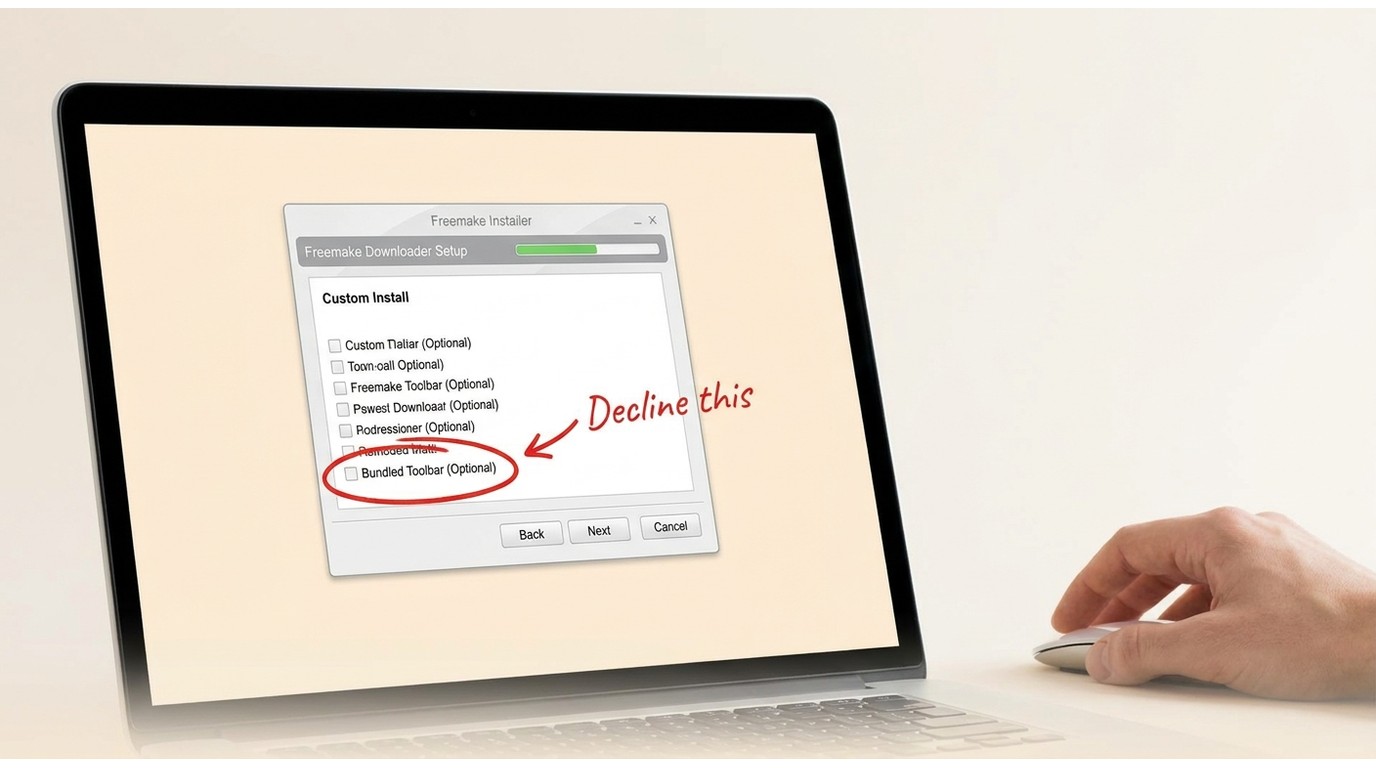 Freemake installer custom setup screen with bundled offer checkbox unchecked to avoid unwanted softw