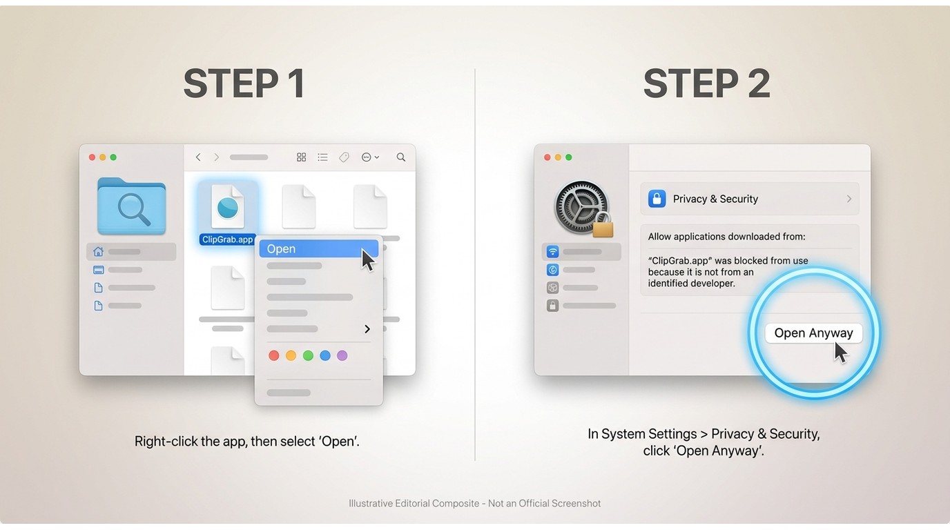 macOS Gatekeeper fix for ClipGrab: Finder right-click Open and System Settings Privacy & Security Op