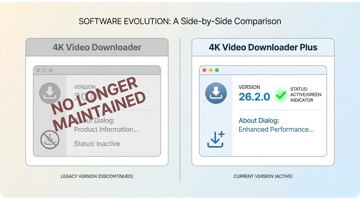 4K Video Downloader vs 4K Video Downloader Plus About dialog, showing discontinued vs actively maint