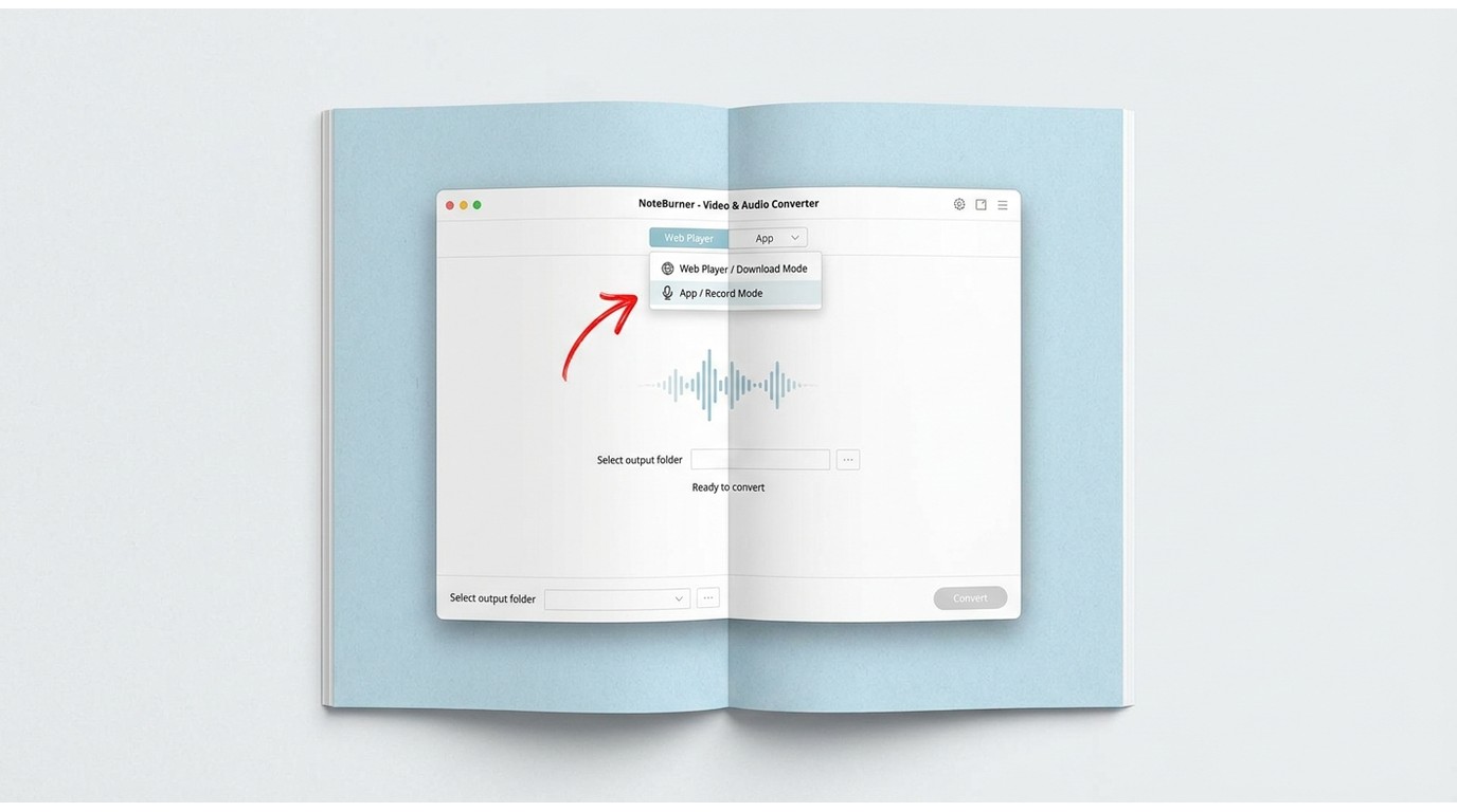 NoteBurner converter UI showing the Download vs Record mode toggle, with the switch location highlig