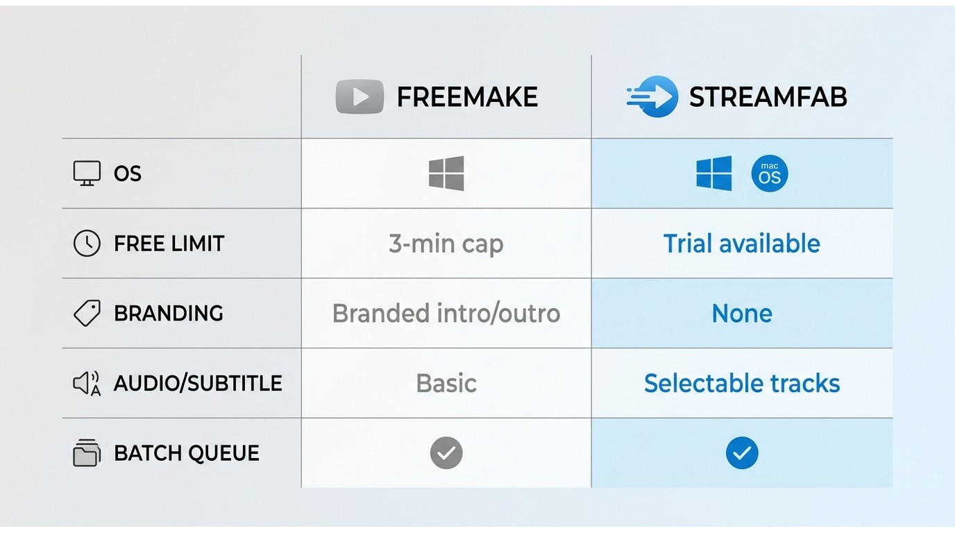Freemake vs StreamFab comparison: OS support, free-tier cap, branding, audio track control, and batc