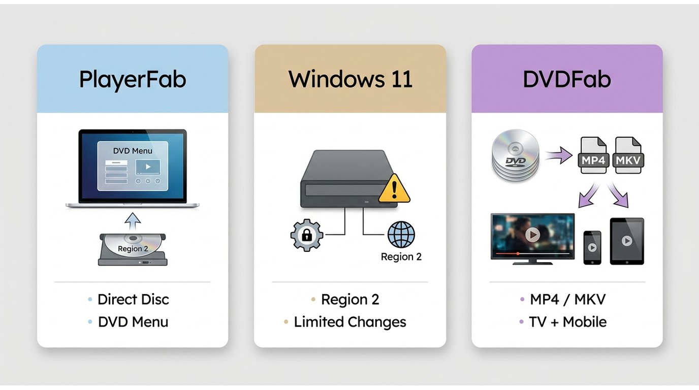 Comparison of PlayerFab, Windows 11 drive-region changes, and DVDFab local-copy workflows