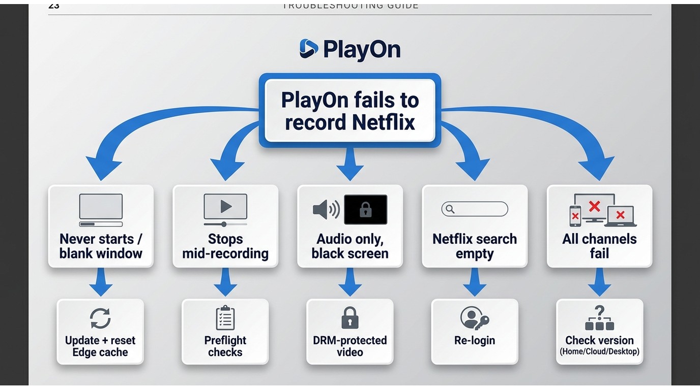 PlayOn Netflix recording symptom flowchart: five failure types mapped to their specific fixes