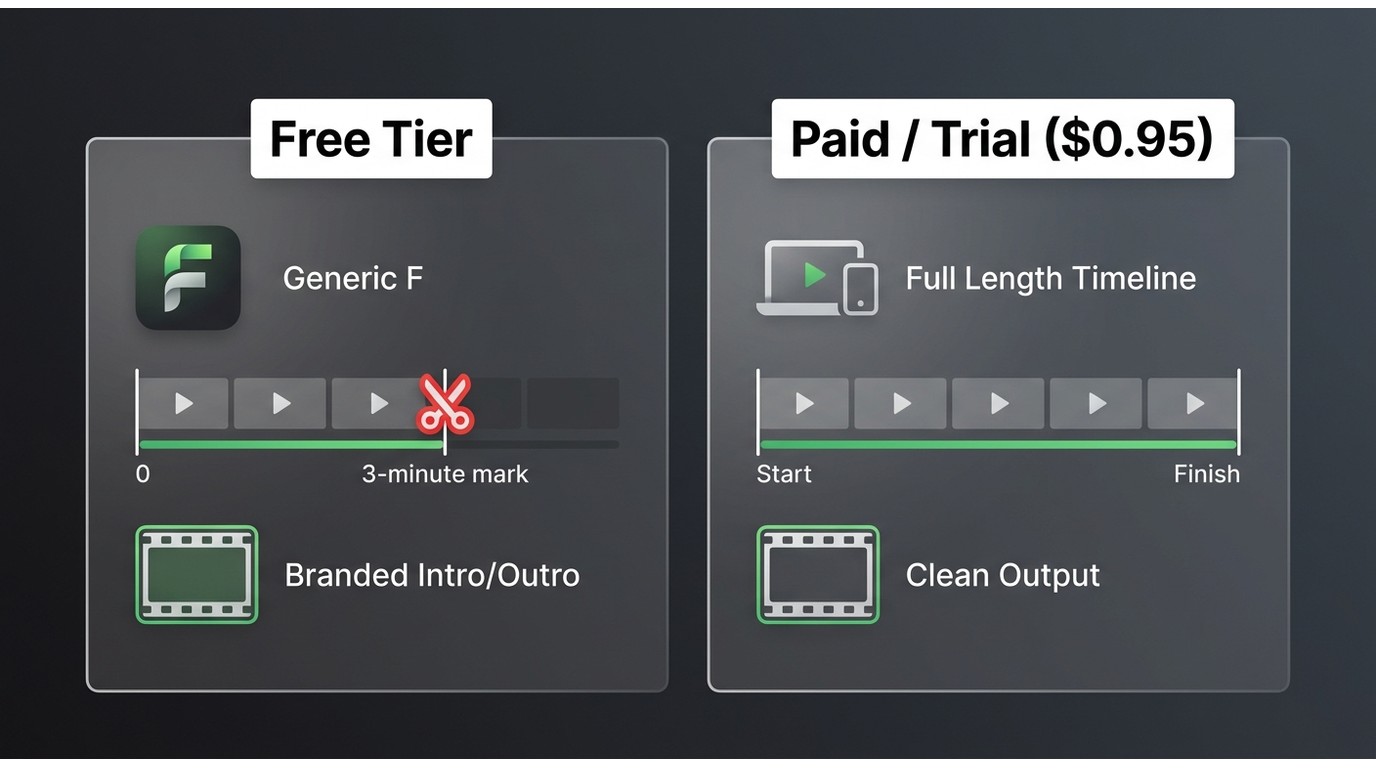 Freemake free tier vs paid: 3-minute download cap and branded output on free, full length on paid