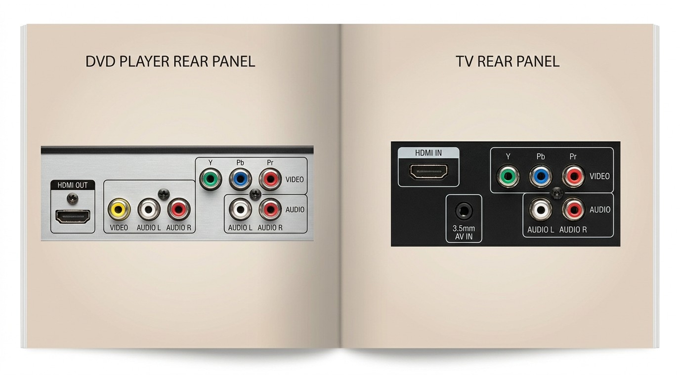 DVD and TV port labels for HDMI, composite AV, YPbPr, and 3.5 mm AV input