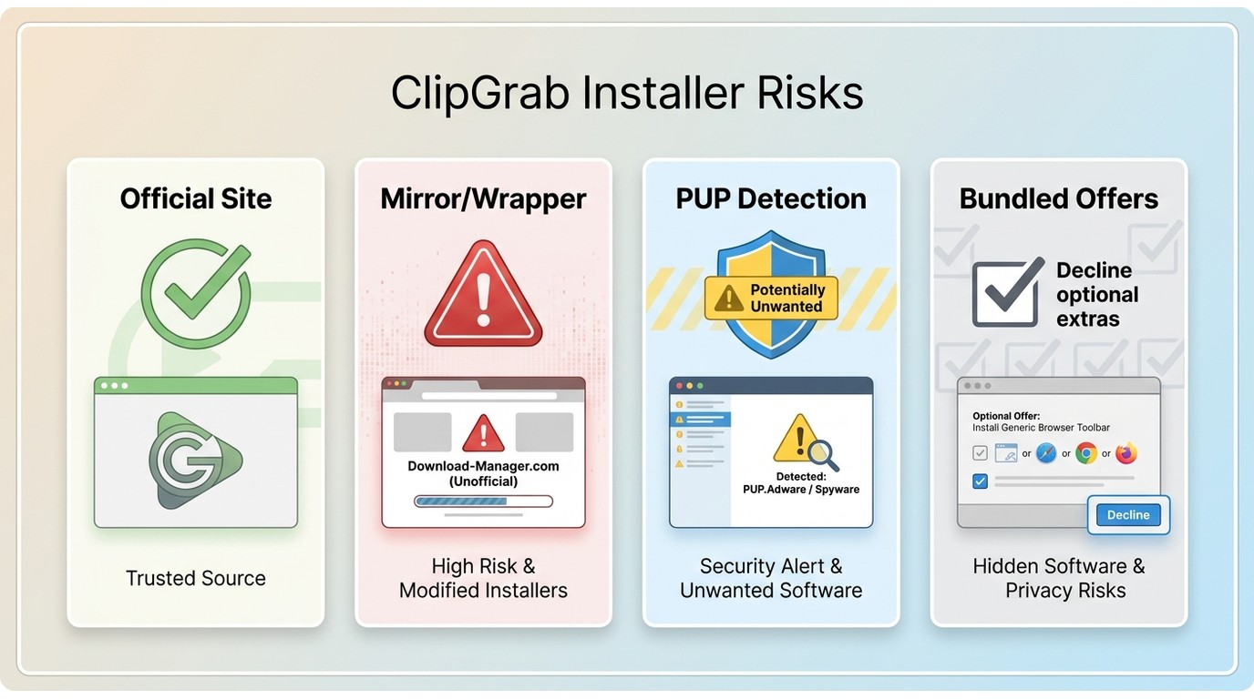 ClipGrab installer risk categories: official site vs mirror, PUP detection, and bundled offers