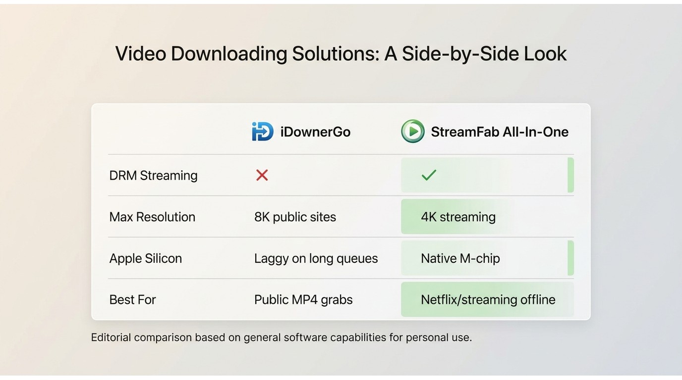 iDownerGo vs StreamFab: DRM support, 4K resolution, Apple Silicon performance, and best-use-case com