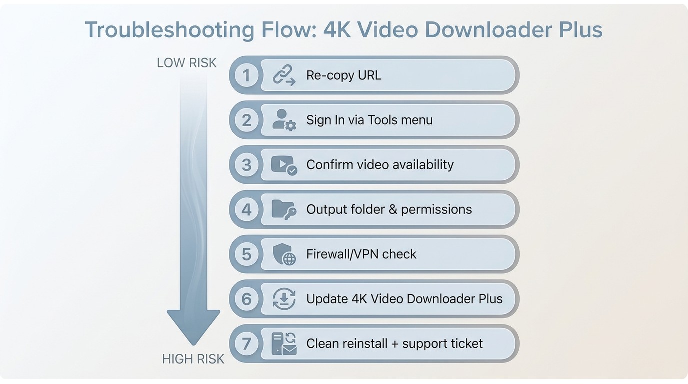 7-step fix checklist for 4K Video Downloader parsing errors, ordered from lowest to highest risk