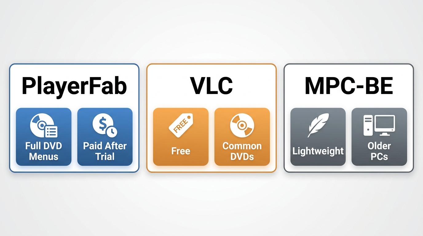 PlayerFab, VLC, and MPC-BE compared by DVD menus, price, and suitability for older PCs
