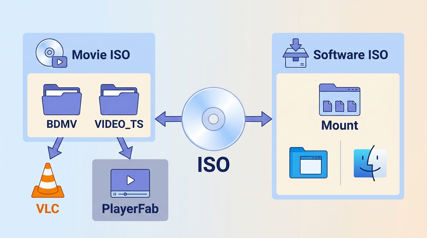 ISO workflow for movie discs versus software installers using VLC, PlayerFab, and mounting.