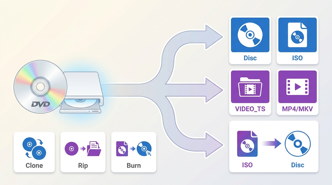 How DVD cloning, ripping, and burning produce disc, ISO, VIDEO_TS, or MP4 outputs