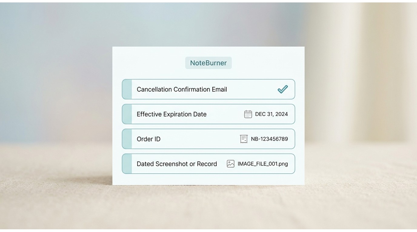 Cancellation proof checklist for NoteBurner: confirmation email, expiration date, Order ID, dated re