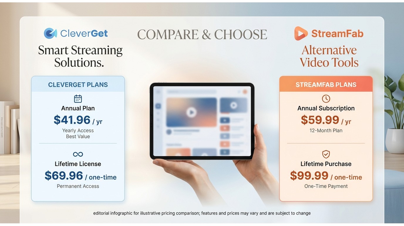 CleverGet vs StreamFab pricing plans: CleverGet annual $41.96, lifetime $69.96