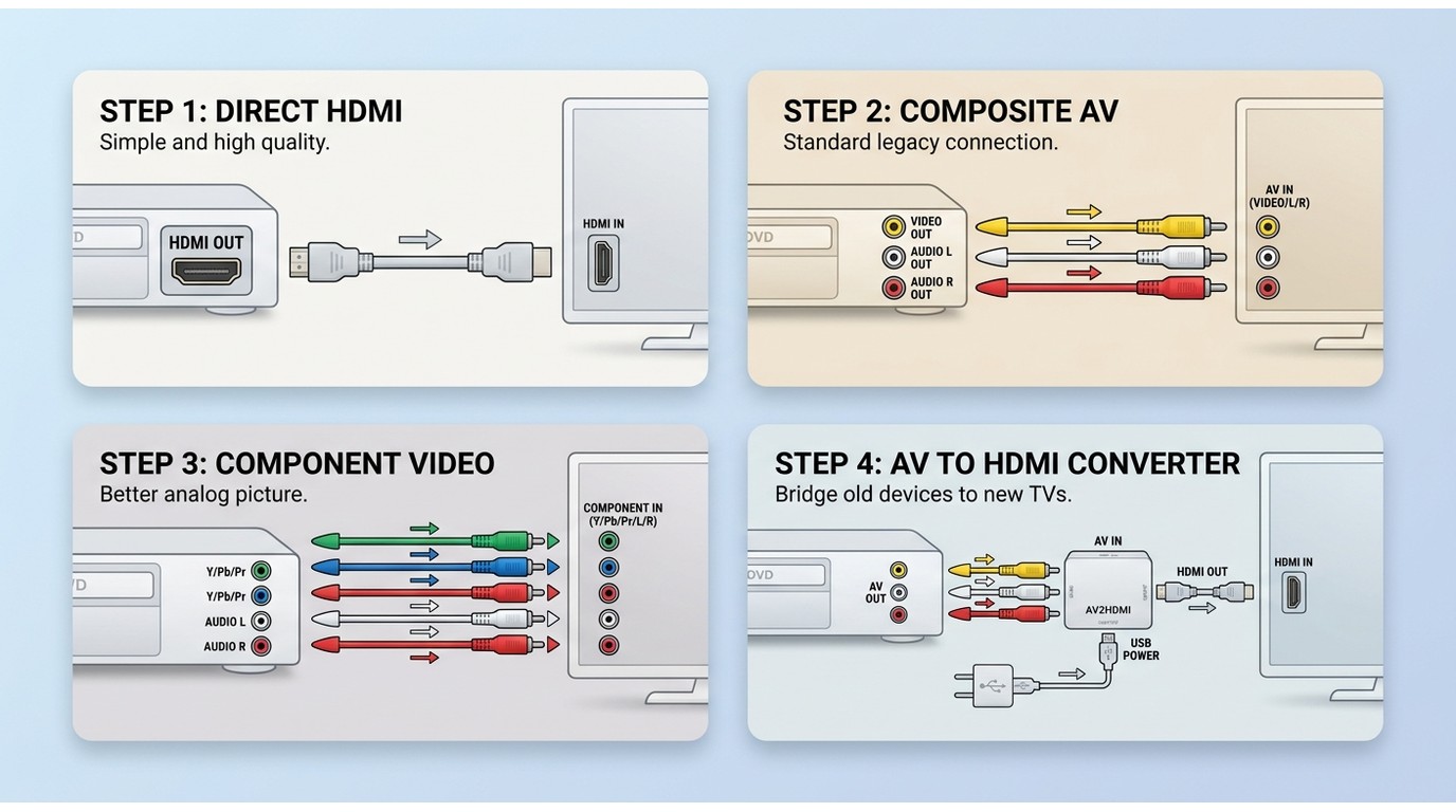 DVD player-to-TV wiring for HDMI, composite AV, YPbPr, and powered AV2HDMI