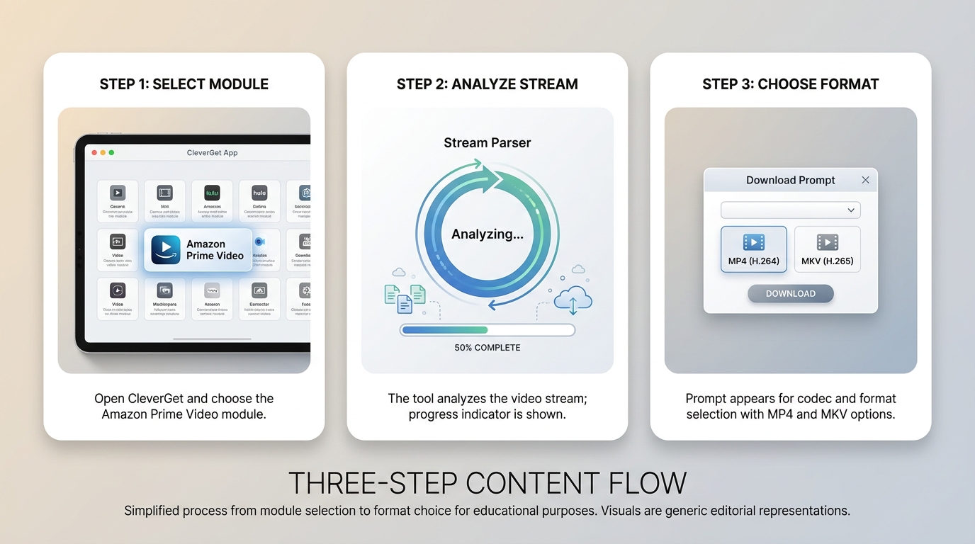 CleverGet Amazon Downloader workflow: open module, analyze stream, select MP4/MKV format