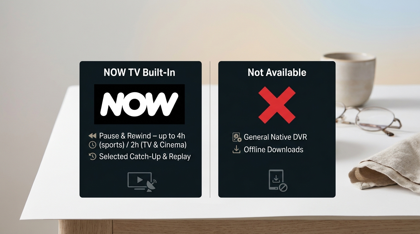 NOW TV available features (pause, rewind, selected replay) vs unavailable (native DVR, offline downl