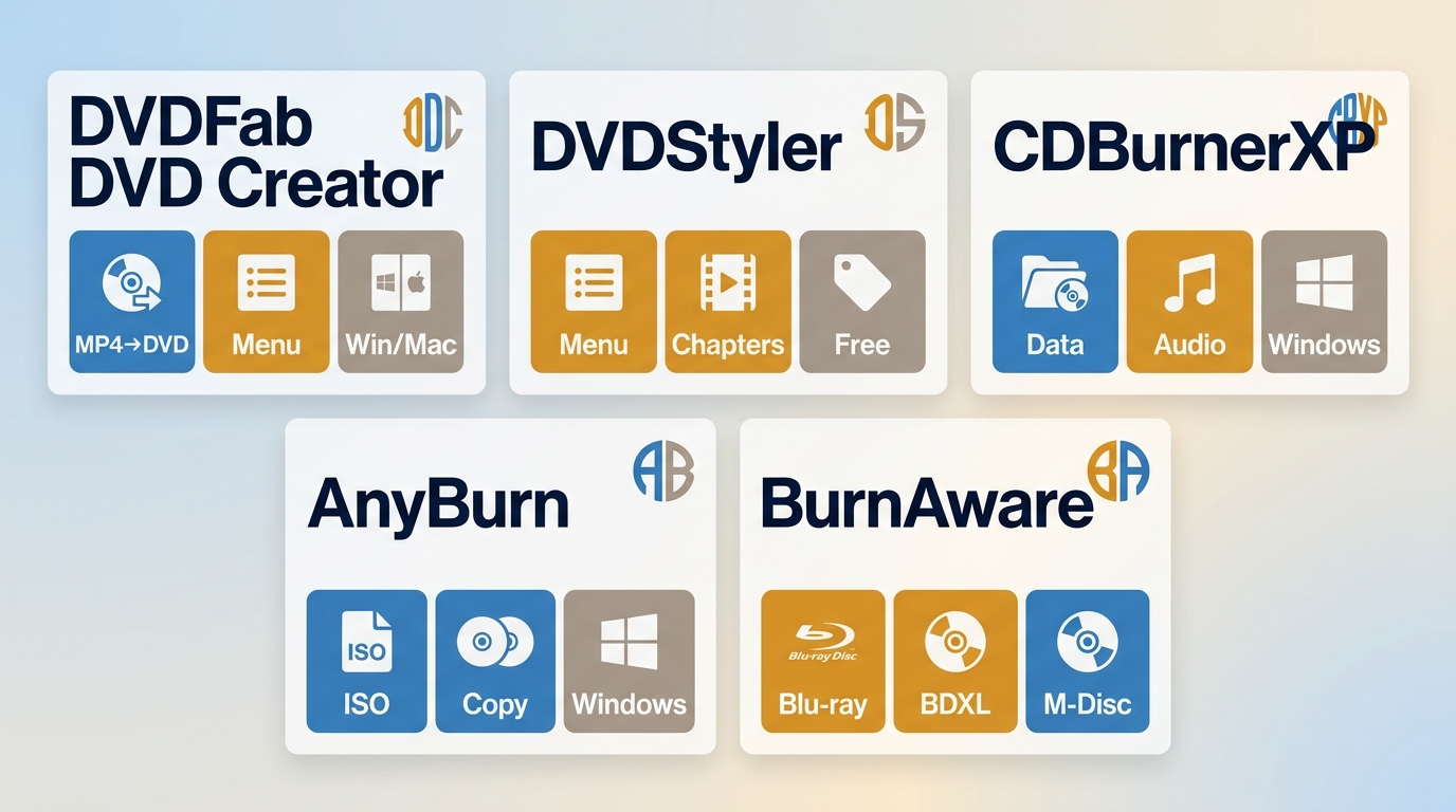 Task-based comparison of DVDFab, DVDStyler, CDBurnerXP, AnyBurn, and BurnAware